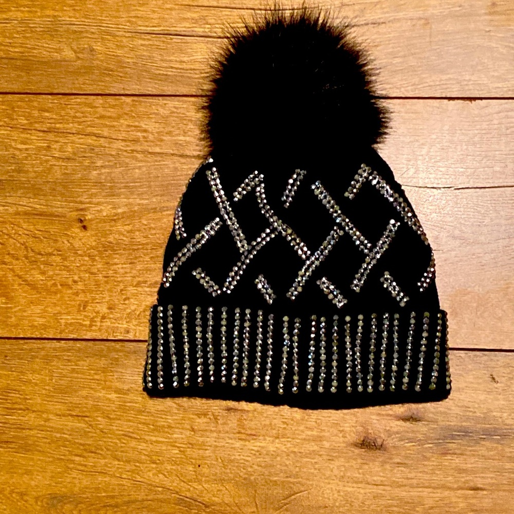 BEANIE HAT Black w/ Silver & Fur Ball 
One Size New